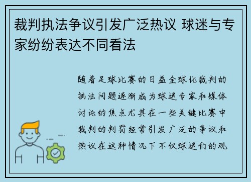 裁判执法争议引发广泛热议 球迷与专家纷纷表达不同看法
